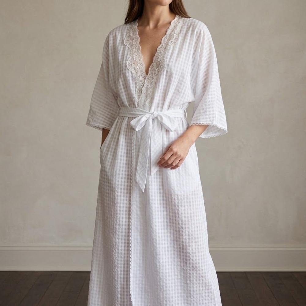Vintage Lucie Ann II Robe Medium White Sheer Gingham Seersucker Lace Long Kimono